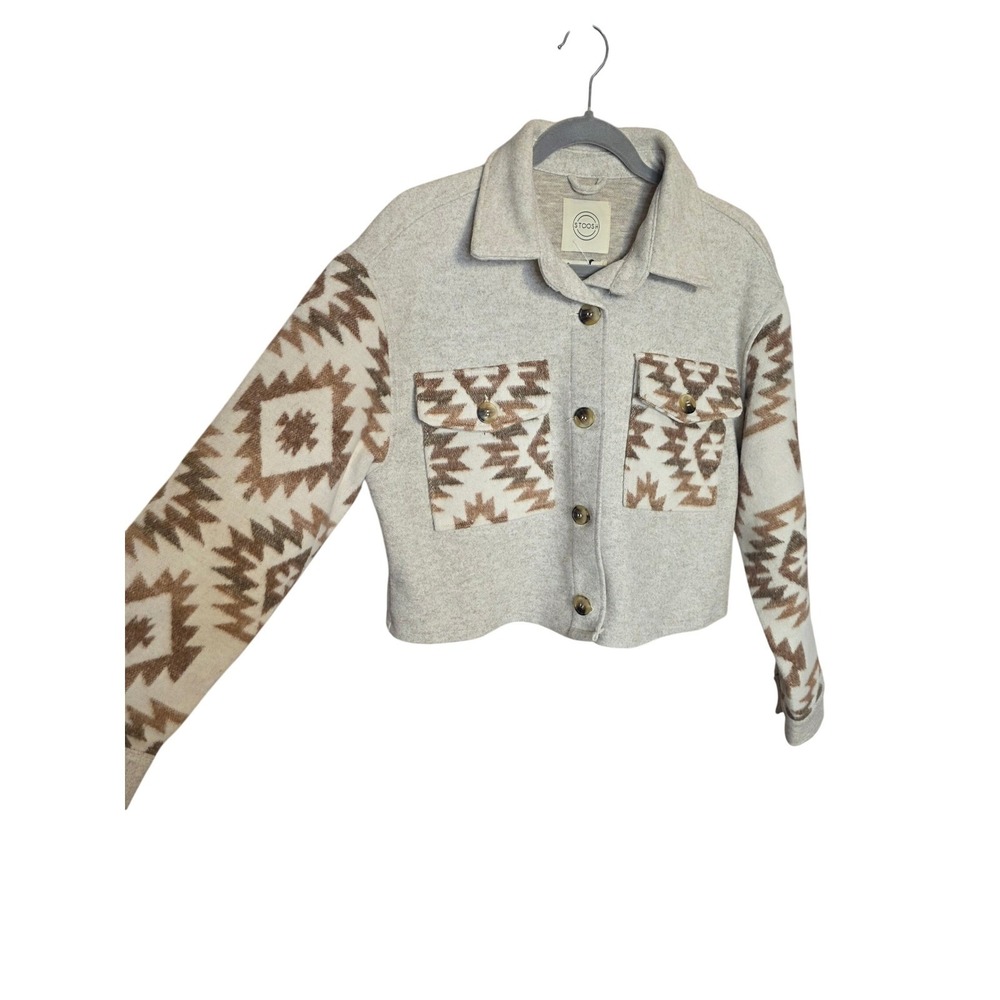 Stoosh Womens S Aztec Tribal Print Cropped Shacket Grey Brown Button Front Fall